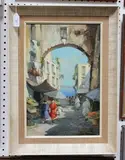 A. Elettro, Mediterranean Street Scene with Flower Sellers, oil on canvas