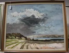 Patrick Boswell, View across Ploughed Fields towards Cottages and an Estuary, oil on canvas