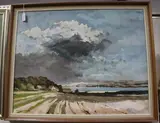 Patrick Boswell, View across Ploughed Fields towards Cottages and an Estuary, oil on canvas