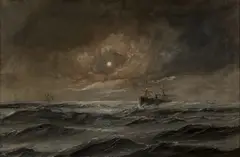 Edward Hoyer, Moonlit Marine View with a Steamship, oil on canvas