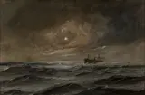 Edward Hoyer, Moonlit Marine View with a Steamship, oil on canvas