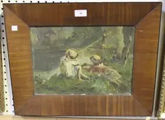 Jessie Key, Children fishing on a Riverbank, oil on canvas laid on board