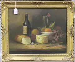 Raymond Campbell, Still Life with Cheese, Bread, Fruit and a Bottle of Wine, oil on canvas