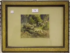 Harrison Weir, Dogs Chasing a Wild Boar, watercolour