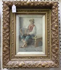 J. Berney, Seated Boy Playing an Accordion, oil on canvas-board
