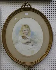 Catherine Gray, Oval Portrait of a Girl holding a Kitten, watercolour
