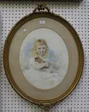 Catherine Gray, Oval Portrait of a Girl holding a Kitten, watercolour