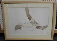 Trevor Willoughby, Semi-nude Female reclining on a Bed, watercolour and pencil