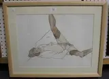 Trevor Willoughby, Semi-nude Female reclining on a Bed, watercolour and pencil