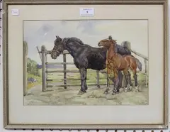 E. Dick, Carthorse and Foal in a Landscape, watercolour