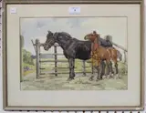 E. Dick, Carthorse and Foal in a Landscape, watercolour