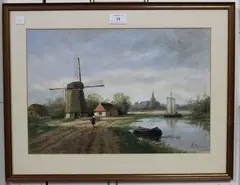 A. Martens, Continental Landscape with Windmill and Pond, oil on canvas