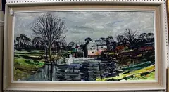 Nicholas Bristow, River Landscape with Buildings, oil on board