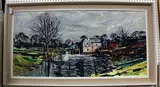 Nicholas Bristow, River Landscape with Buildings, oil on board