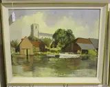 Ronald Birch, Boats on a River, a Town beyond, oil on board