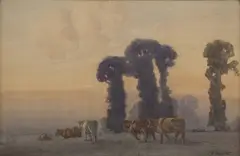 Cecil Ross Burnett, Cattle at Sunset, watercolour