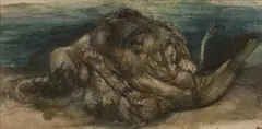 John Trivett Nettleship, Lions fighting, watercolour and pencil