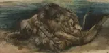 John Trivett Nettleship, Lions fighting, watercolour and pencil