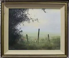 Pamela Derry, The Barbed Wire Fence, oil on board
