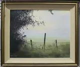 Pamela Derry, The Barbed Wire Fence, oil on board