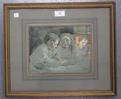 Jean Baptiste Madou, Two Children at a Table, mixed media