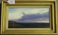 Christopher Baker, View of a Barn at Dusk, possibly near Goodwood, Sussex, oil on board