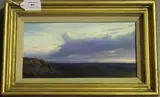 Christopher Baker, View of a Barn at Dusk, possibly near Goodwood, Sussex, oil on board