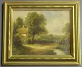 C. Krantz, Landscape with Cottage and Hens, oil on canvas