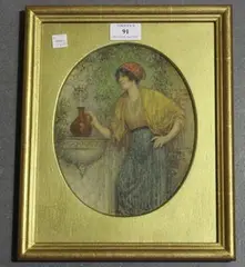 Will Grayson, Woman at a Water Fountain, oval mixed media