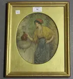Will Grayson, Woman at a Water Fountain, oval mixed media