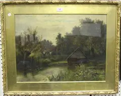 M.E. Farwell, View of a Boathouse and Cottage, oil on canvas