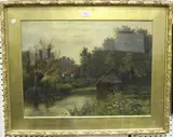 M.E. Farwell, View of a Boathouse and Cottage, oil on canvas
