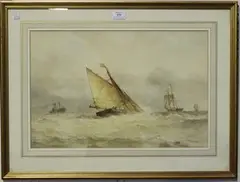 Frederick James Aldridge, Seascape with Barge and Sailing Vessels, watercolour