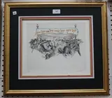 Dan Rubenstein, A Jewish Gathering, monochrome etching with partial hand-colouring