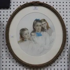 Arthur Ackland Hunt, Oval Portrait of Two Boys, and Oval Portrait of Three Girls, 1873, a pair of watercolours over pencil