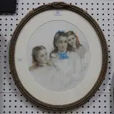 Arthur Ackland Hunt, Oval Portrait of Two Boys, and Oval Portrait of Three Girls, 1873, a pair of watercolours over pencil