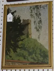 William Dacres Adams, Glimpse of a Castellated Tower, oil on board