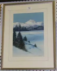 H. Thom, Skiers in an Alpine Landscape, watercolour with gouache