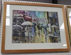 June Martin, Busy Street Scene with Figures carrying Umbrellas, mixed media