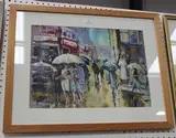June Martin, Busy Street Scene with Figures carrying Umbrellas, mixed media