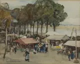 Ethel M. Mallinson, Dutch Market Scene with River beyond, 1933, watercolour