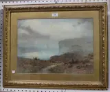Elliot Henry Marten, Coastal View with Cliff Path, watercolour