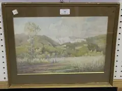 Russell Dowson, Continental Landscape with Figures working in Fields below a Hilltop Town, watercolour