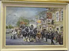 Eric Mason, Brewery Cart passing the Rose & Crown Pub, probably in Wimbledon, oil on canvas
