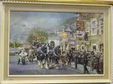 Eric Mason, Brewery Cart passing the Rose & Crown Pub, probably in Wimbledon, oil on canvas