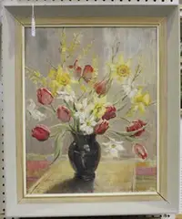 Iris Jackman, Tulips in a Window, oil on canvas