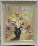 Iris Jackman, Tulips in a Window, oil on canvas