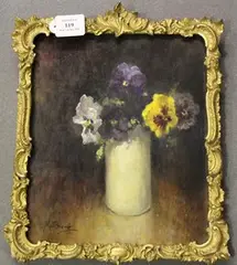 Still Life Study of Pansies in a Vase by Matt Bruce, oil on board, sold Nov 2016