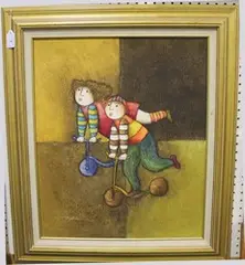 Joyce Roybal, Two Children riding Scooters, oil on canvas