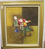 Joyce Roybal, Two Children riding Scooters, oil on canvas